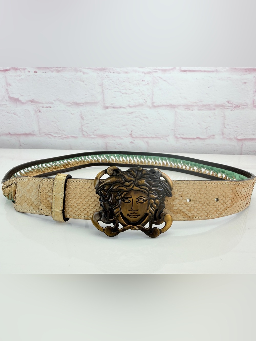 Vintage Versace Snakeskin Medusa Belt Beige Green Exotic Leather Bronze  70/28